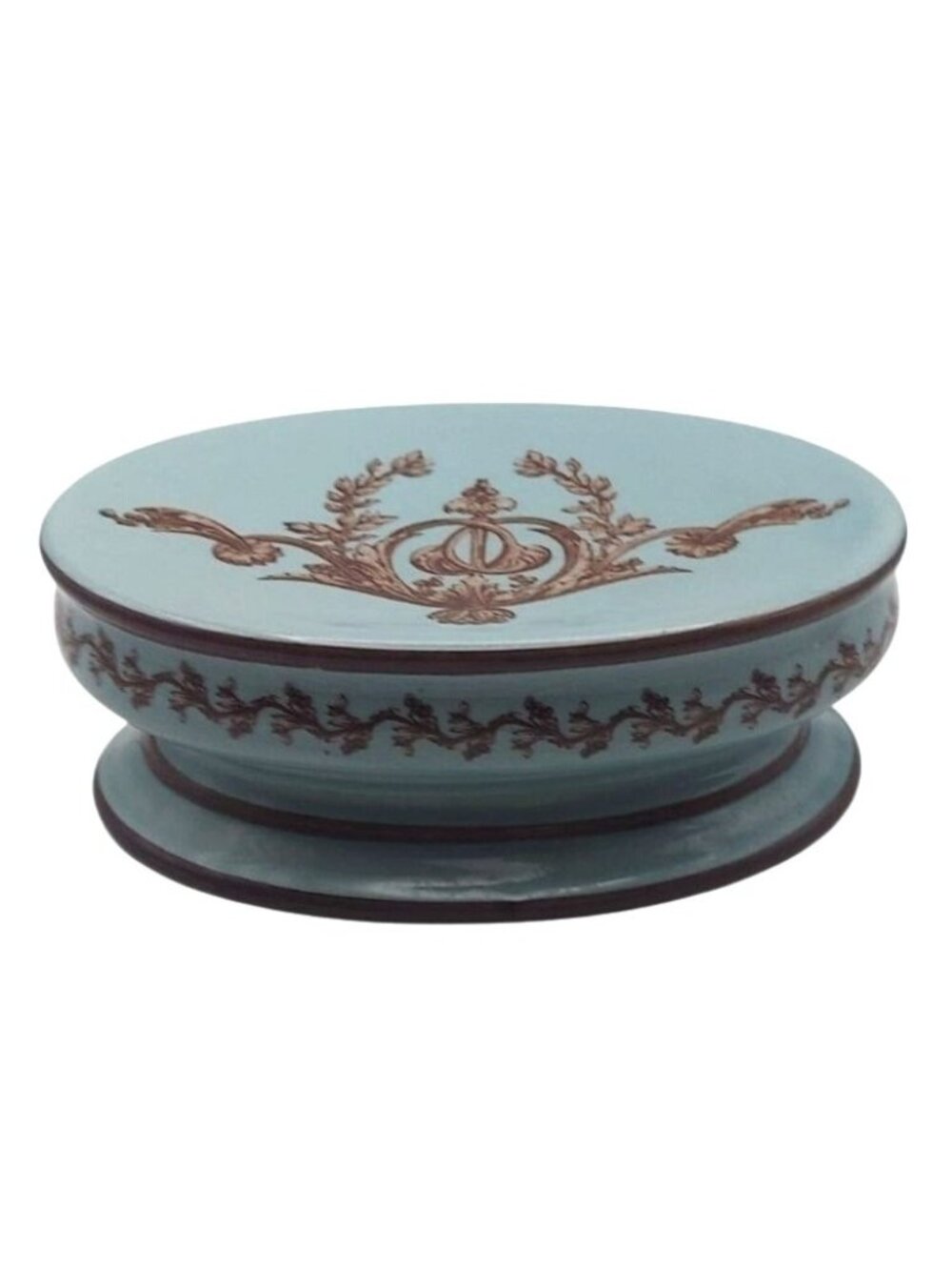 India Ink Bordeaux Soap Dish Hand Painted Ceramic Blue Mist & Chocolate Brown